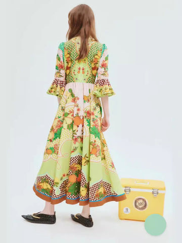 2024 New Collar Horn Sleeve Single Buckle Waist Print Long Dress Dress Woman